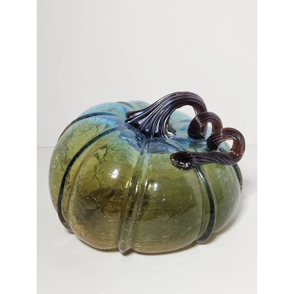 Hand Blown Crackle Glass Pumpkin Blue Green Ombre Iridescent Curled Stem 5in